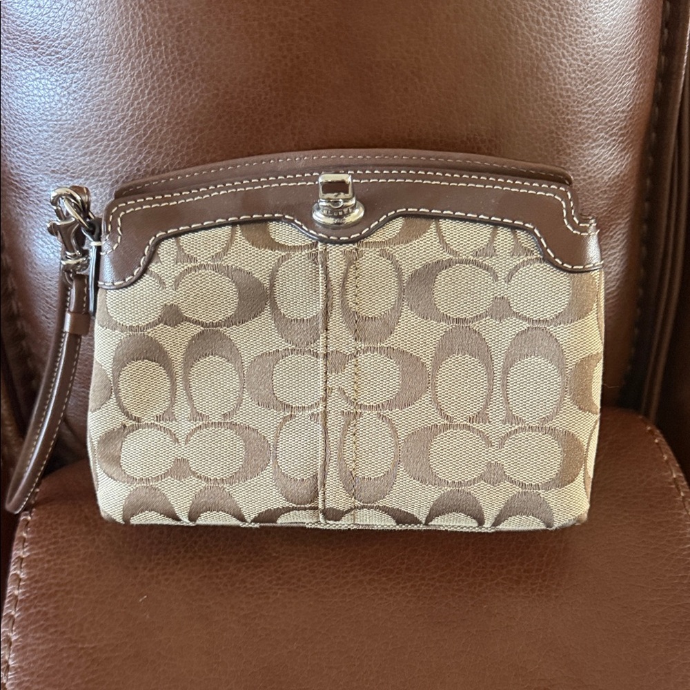 Coach Tan and Brown Signature Wristlet